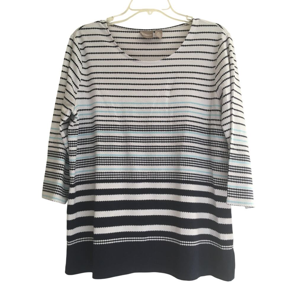 Chico's Size 2 Large Scoop Neck 3/4 Sleeve Navy Aqua Blue & White Stripes